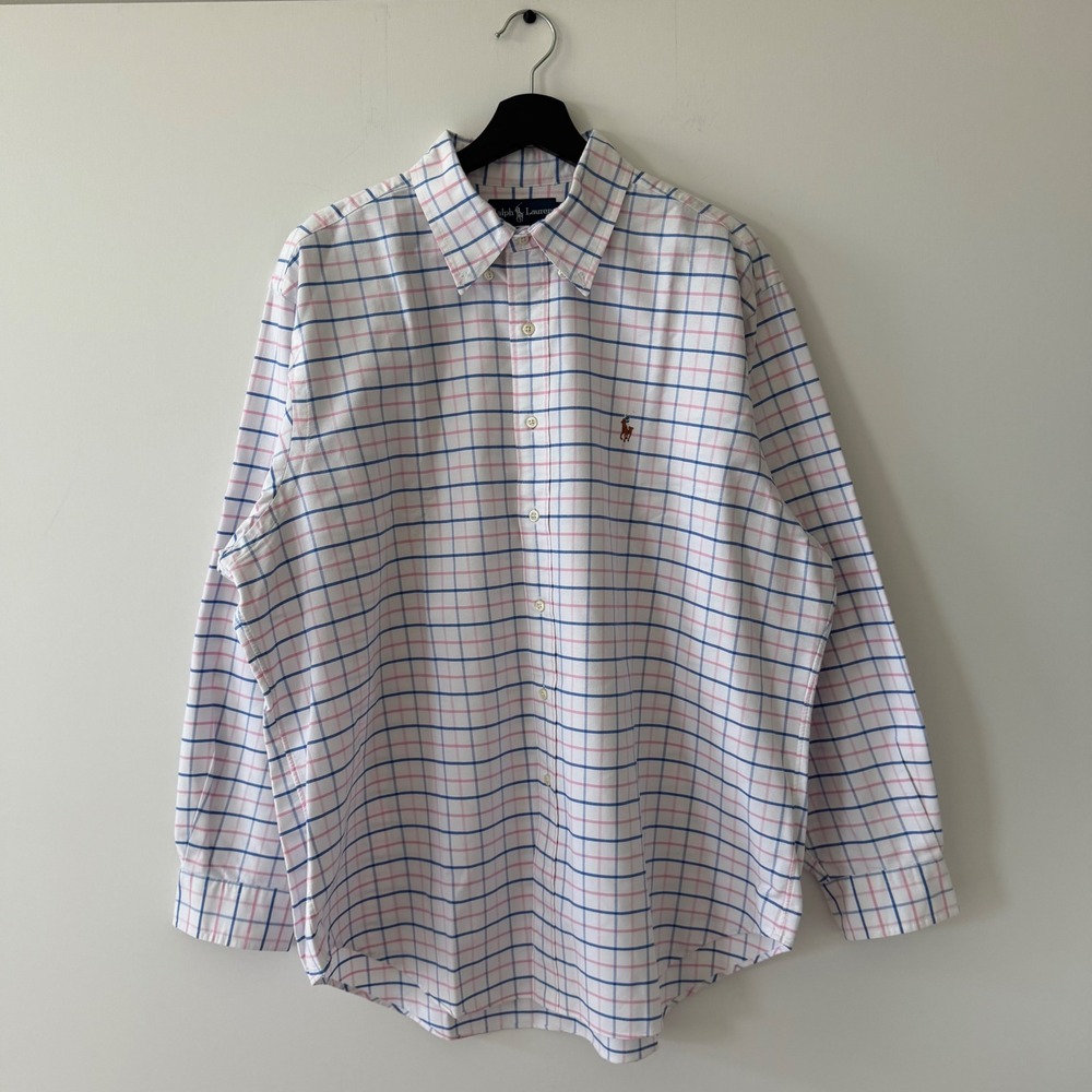 Ralph Lauren Mens Classic Fit Tattersall Check Shirt White Blue Pink 17.5 34/35